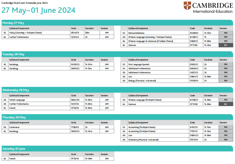 2024年夏季大考IGCSE、O-level、A-level考试时间表