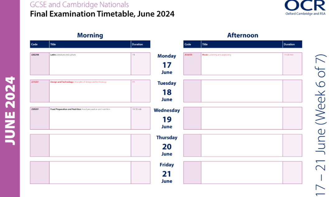2024夏季OCR考试局GCSE大考时间安排表