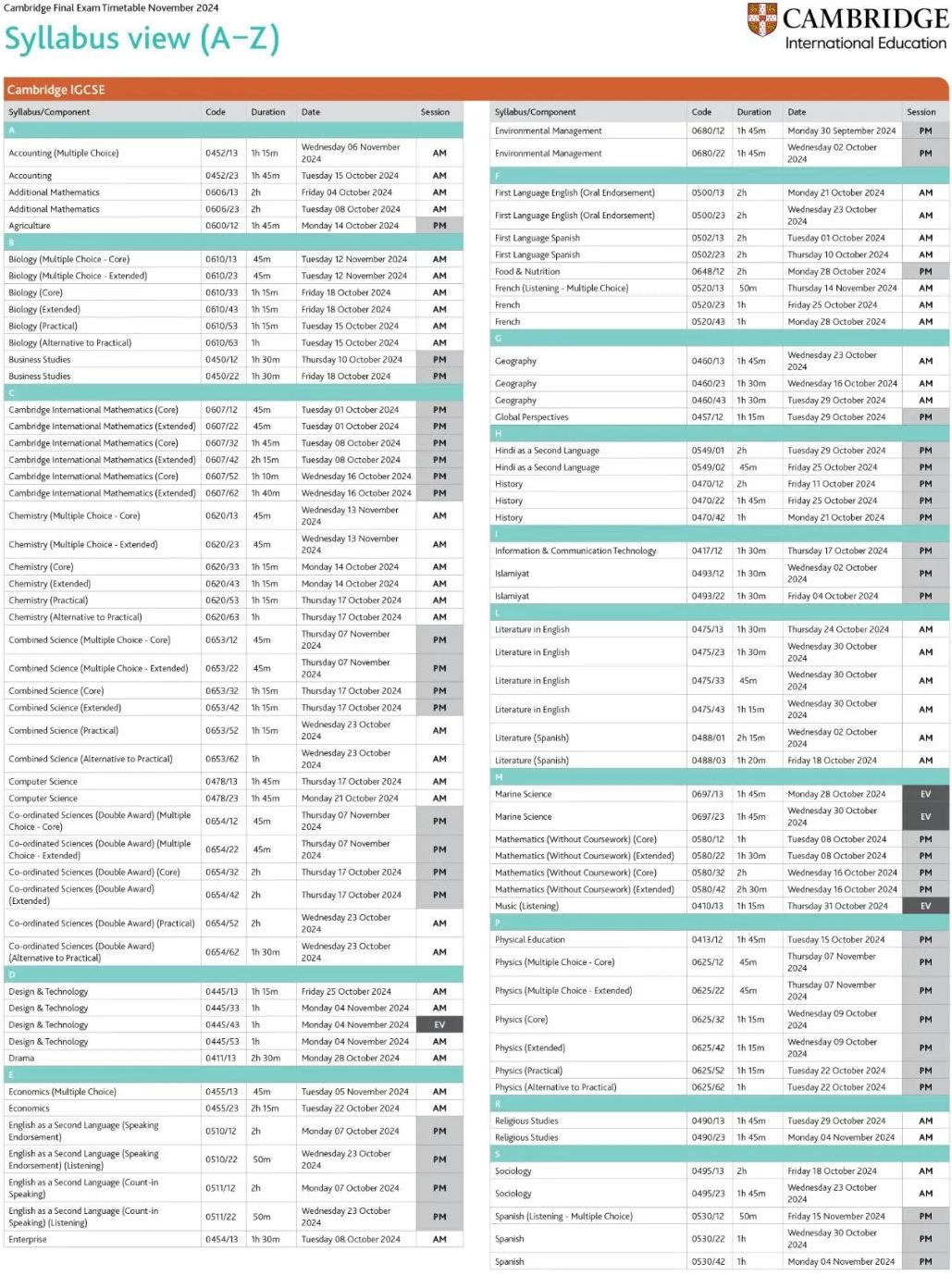 CIE考试局IGcse秋季大考时间
