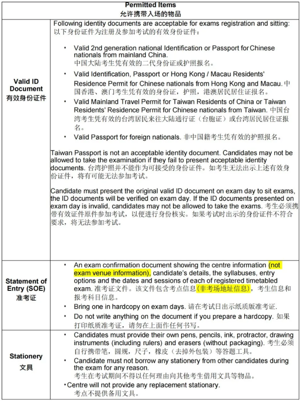 A-level考试允许携带的物品：