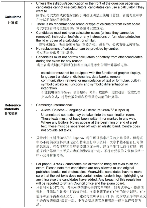 A-level考试允许携带的物品：