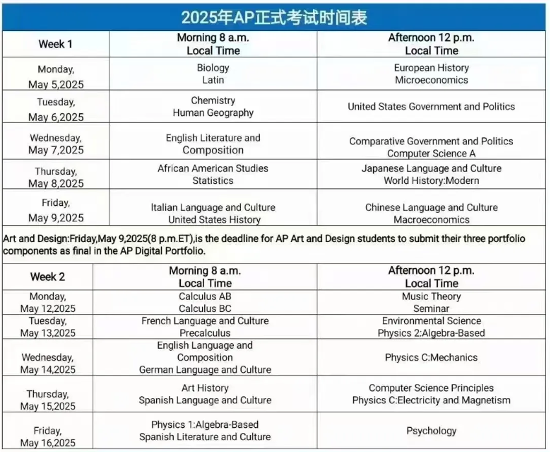 2025年AP正式考试时间表
