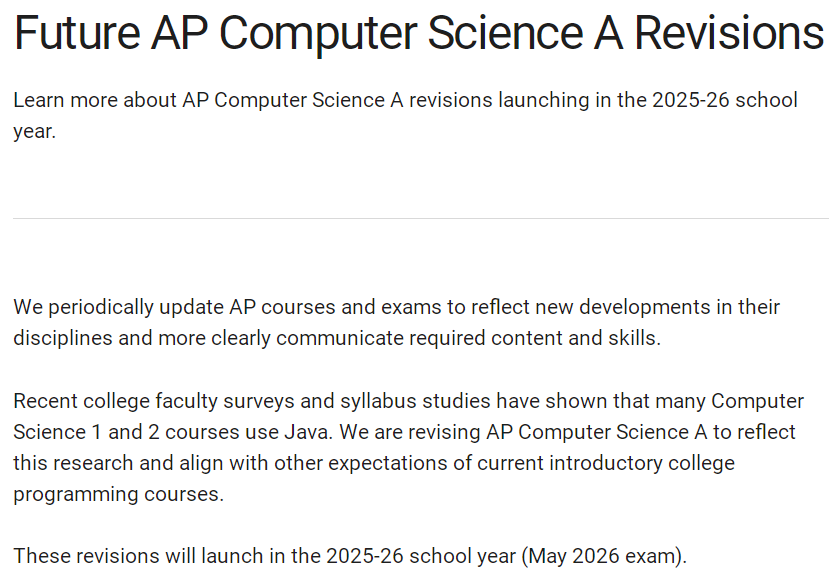 AP计算机科学A官方公布2025–2026考纲更新！