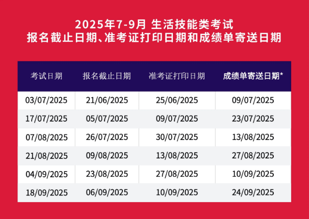 雅思生活技能类考试（7-9月）考试场次安排