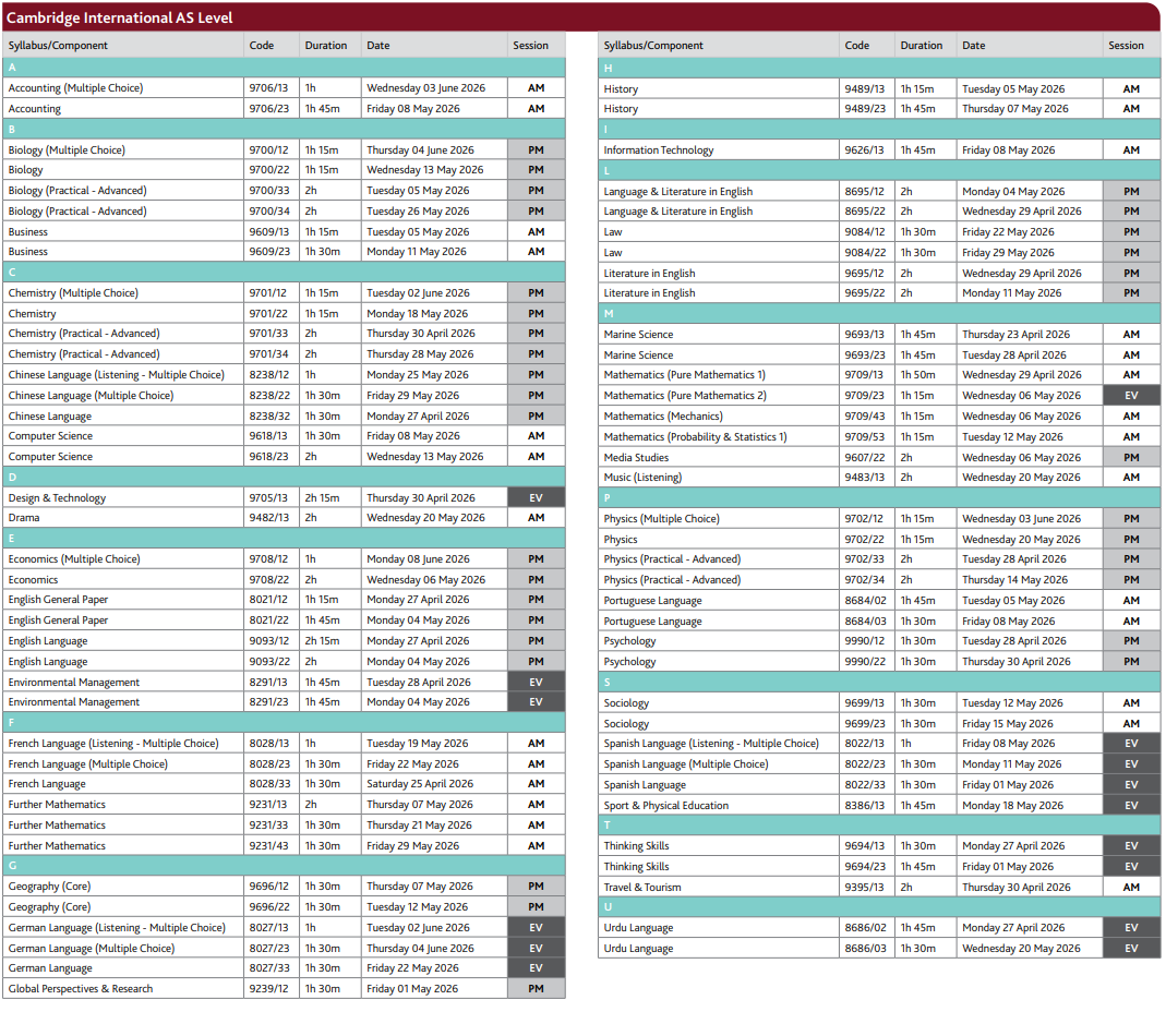 2026年CAIE考试局A-level夏季考试时间 2026年CAIE考试局A-level夏季考试时间