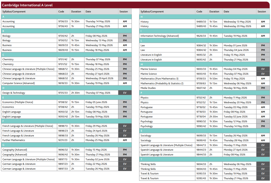 2026年CAIE考试局A-level夏季考试时间 2026年CAIE考试局A-level夏季考试时间