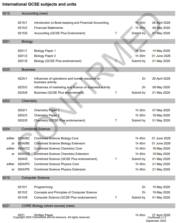 2026年AQA考试局IGCSE夏季考试时间 2026年AQA考试局IGCSE夏季考试时间