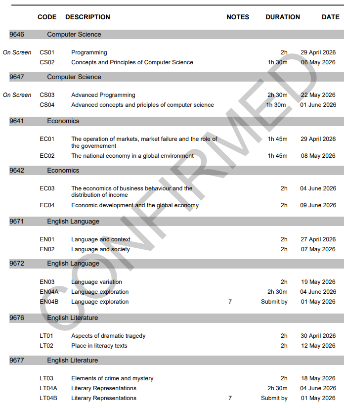 2026年AQA考试局A-level夏季考试时间 2026年AQA考试局A-level夏季考试时间