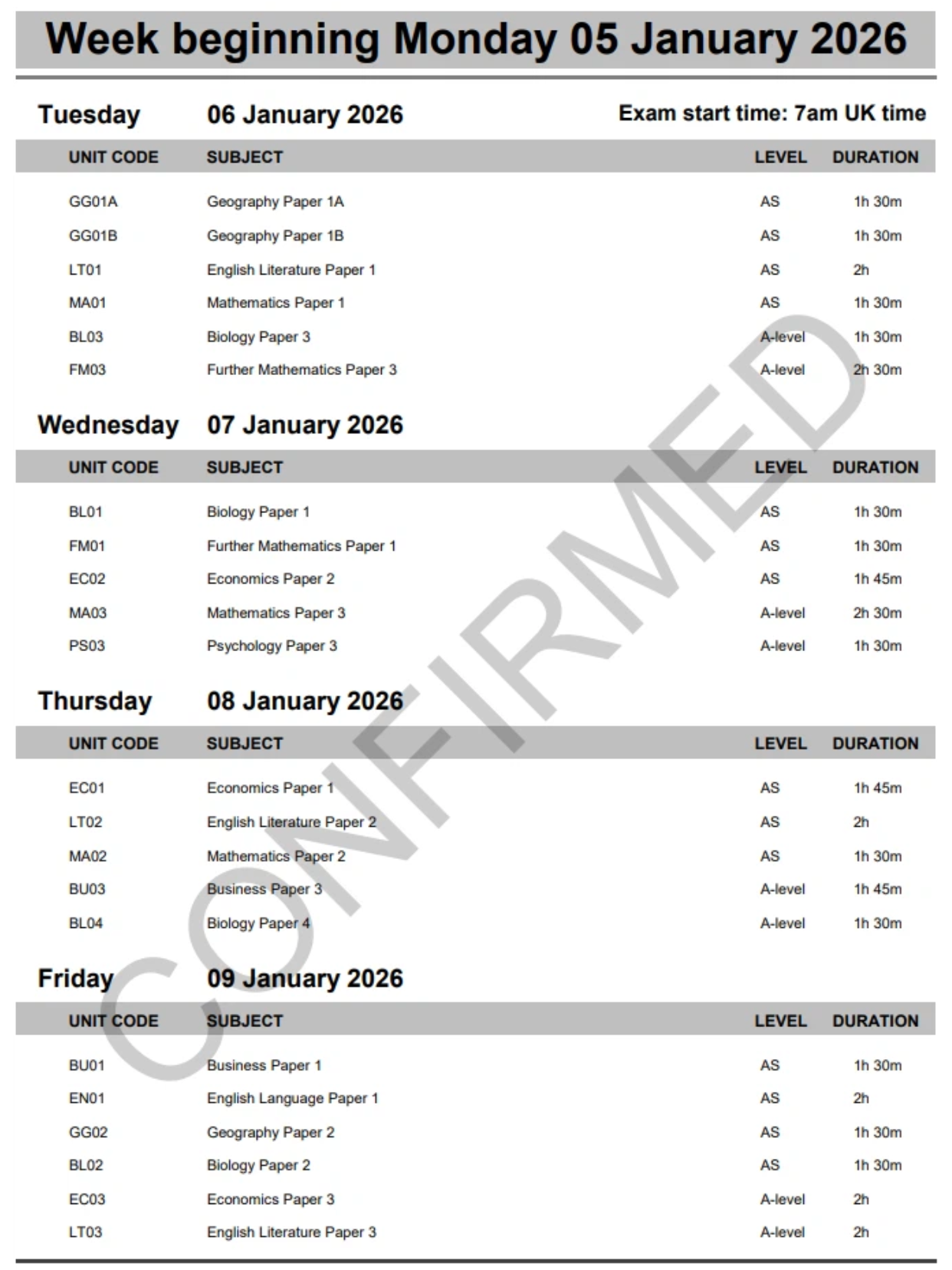 AQA考试局2026年1月A-level大考时间安排表! AQA考试局2026年1月A-level大考时间安排表!