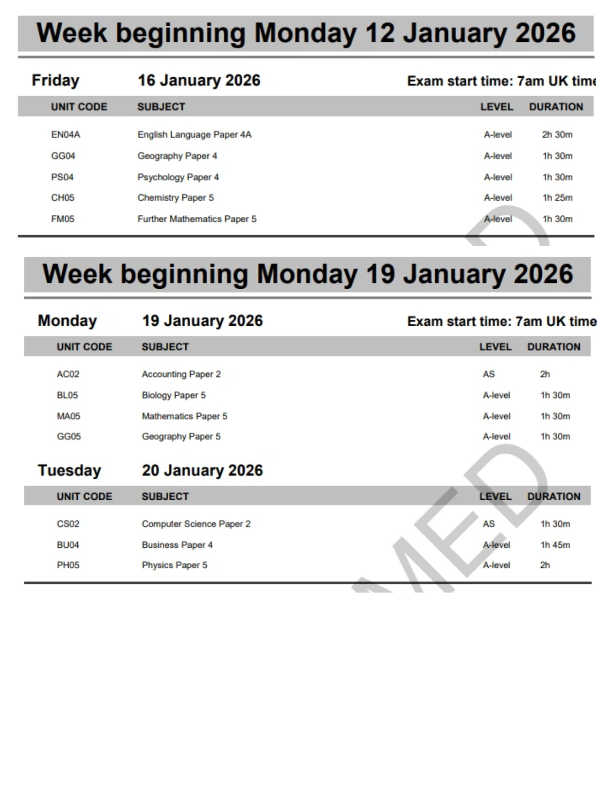 AQA考试局2026年1月A-level大考时间安排表! AQA考试局2026年1月A-level大考时间安排表!