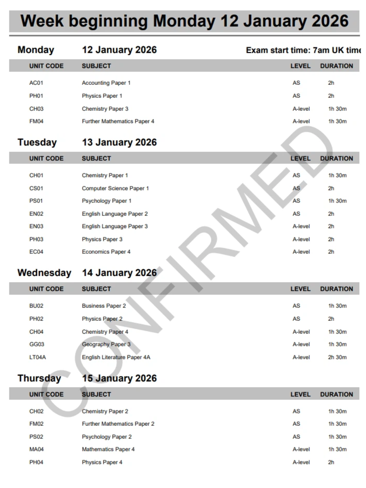 AQA考试局2026年1月A-level大考时间安排表! AQA考试局2026年1月A-level大考时间安排表!